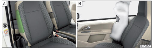 Volvo C30.  Lugar de montaje del airbag lateral en el asiento delantero / Zona de despliegue del airbag lateral